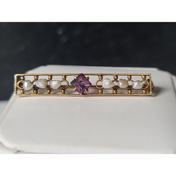 Antique 14K Yellow Gold Amethyst & Natural Pearl Bar Brooch - Picture 3 of 10